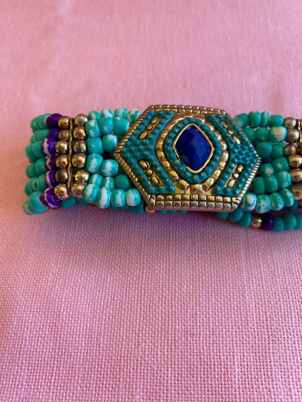 Turquoise Bracelet Beaded Stretchy Purple Gold Metal Octagon Navy Blue Green Gem - Picture 3 of 8